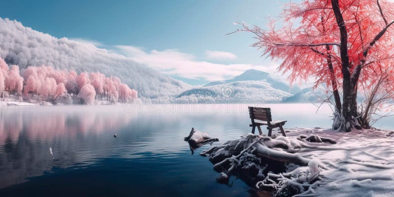 Lakeside view during winter, where snow blankets the surroundings, trees stand still, and the icy water surface mirrors royalty free illustration