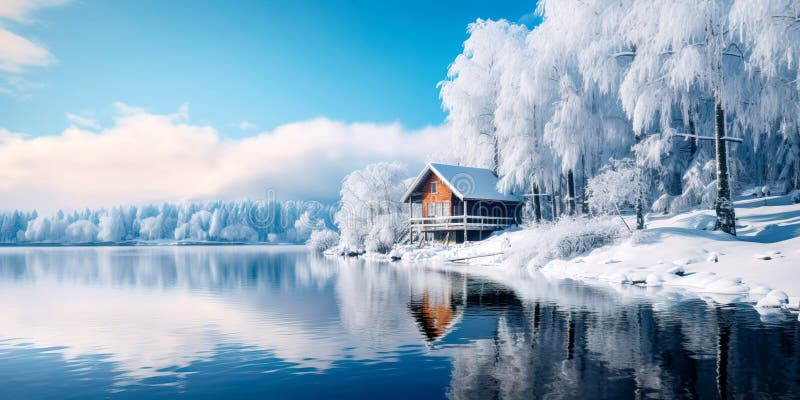 Lakeside view during winter, where snow blankets the surroundings, trees stand still, and the icy water surface mirrors royalty free illustration