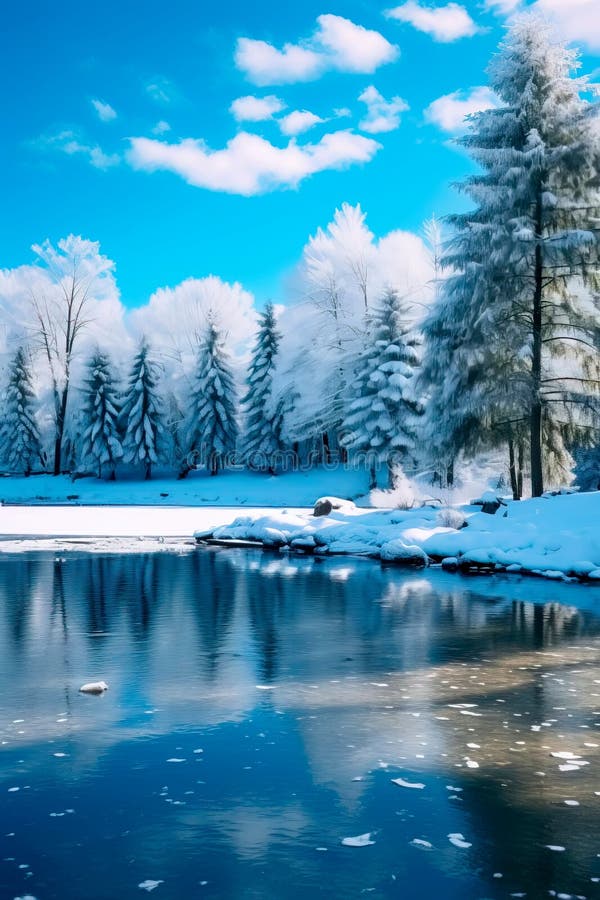 Lakeside view during winter, where snow blankets the surroundings, trees stand still, and the icy water surface mirrors royalty free illustration