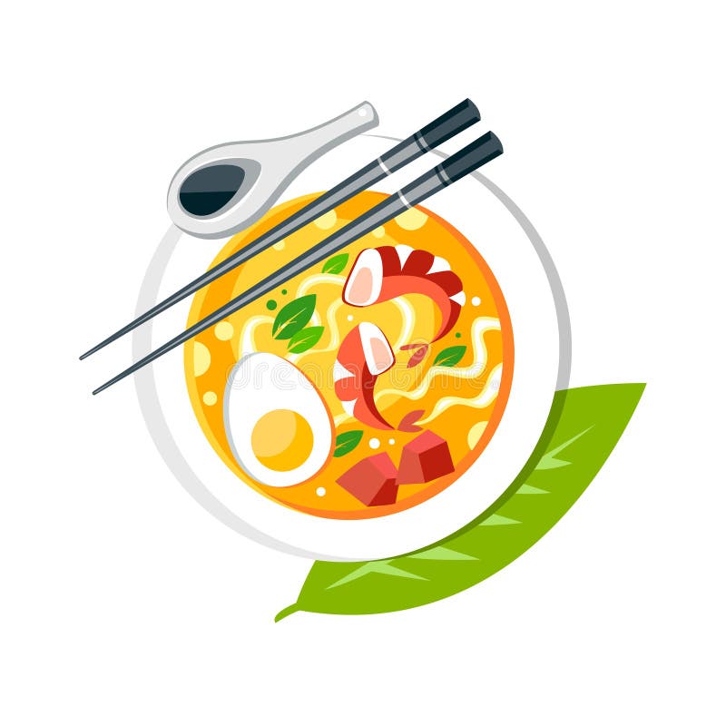 Laksa Soup with Noodles Shrimps Fish Egg Chopsticks Spoon Bamboo Stock Illustration