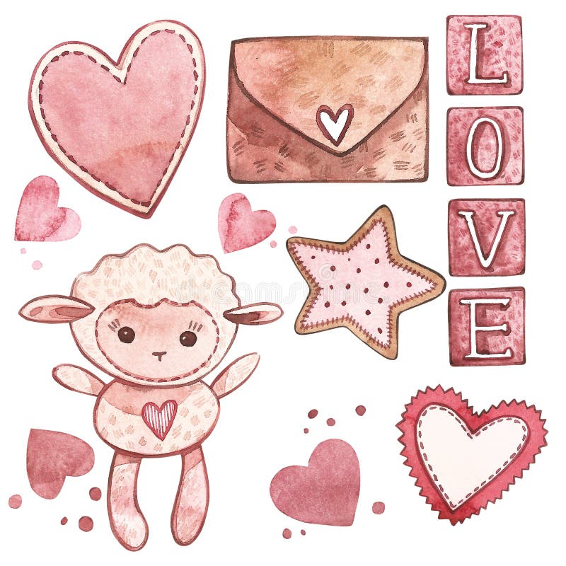 Lam met harten Waterverf Roze reeks elementen voor de dag van Valentine ` s De elementen van het plakboekontwerp Typografieaffich vector illustratie Lam met harten Waterverf Roze reeks elementen voor de dag van Valentine ` s De elementen van het plakboekontwerp Typografieaffich vector illustratie