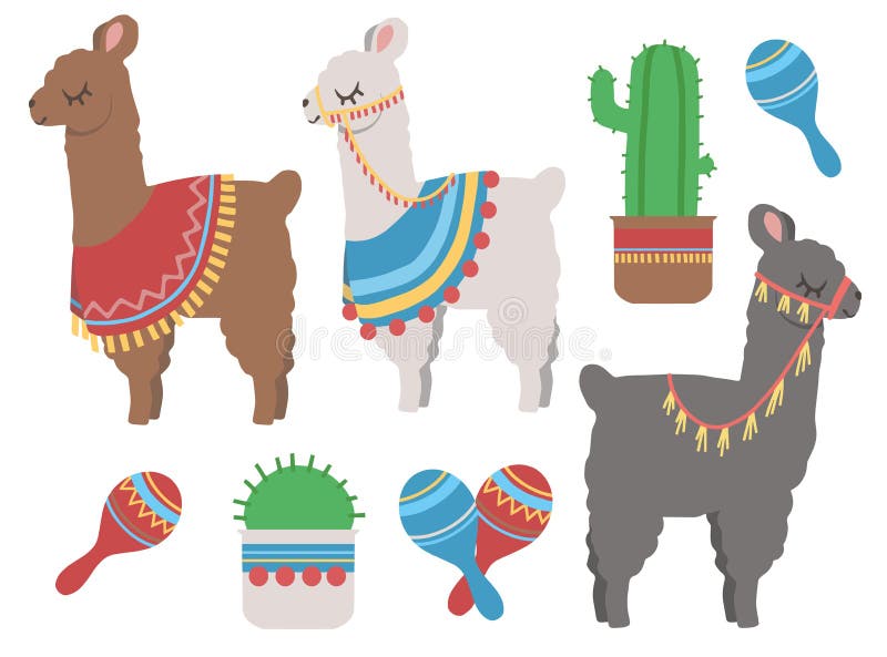 Vetores de Llamas Ou Alpacas Coloridos Bonitos Do Estilo Dos Desenhos  Animados Com O Poncho Com Cacto E Jogo Mexicano Da Ilustração Do Abanador  Do Rumba e mais imagens de Sticker 