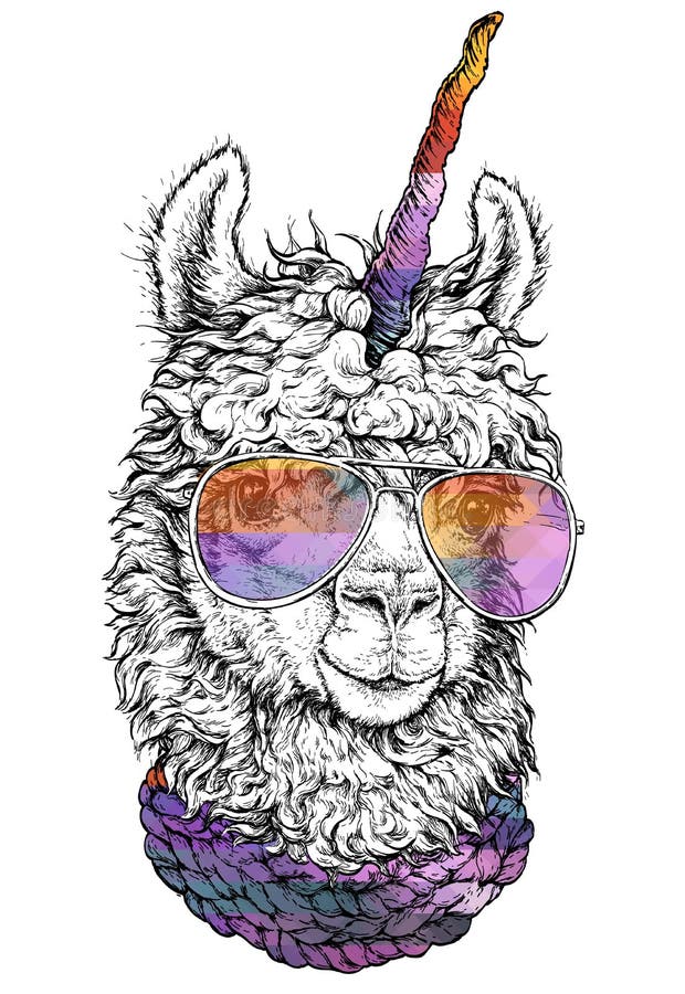 LAMA / llamacorn in eyeglasses, Hipster style drawing, isolated on white. Object for advertisement, web page design, poster, banne