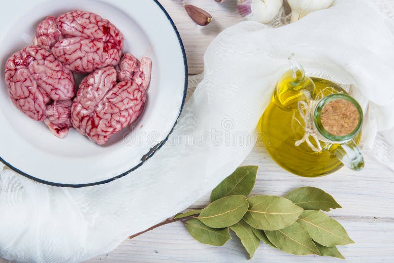 Lamb Brains and Ingredients for Cooking Them Stock Photo Image of