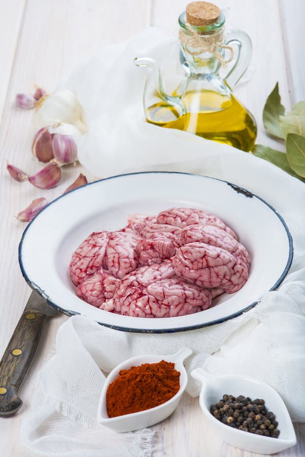 Lamb Brains and Ingredients for Cooking Them Stock Image Image of