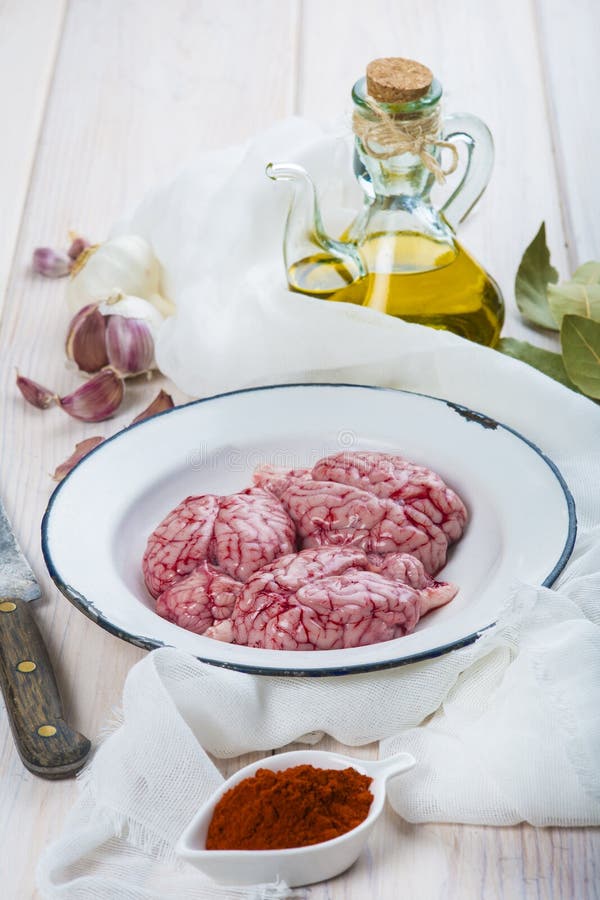 Lamb Brains and Ingredients for Cooking Them Stock Photo Image of