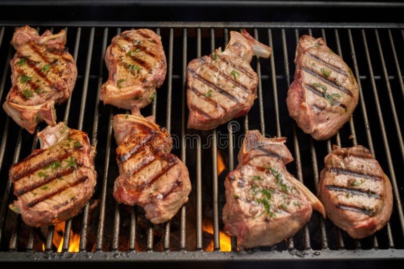 Lamb Chops Grilling on a Gas Grill, Top Down View Stock Image Image