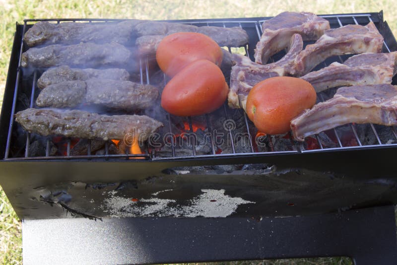 Lamb Chops, Kabobs and Tomatoes on a Charcoal Grill Stock Photo Image