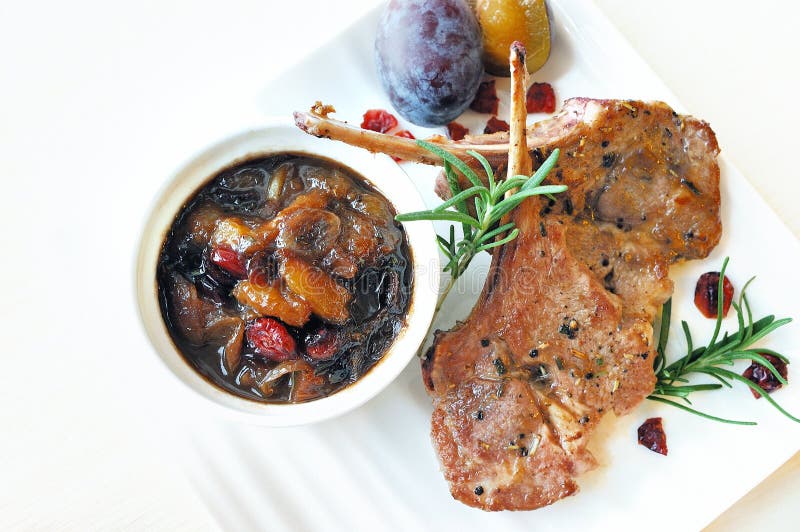 Lamb Chops with Prune Chutney Stock Photo Image of shallot, fruit