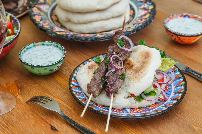 Lamb Kebab on a Traditional Greek Plate Stock Image Image of barbecue