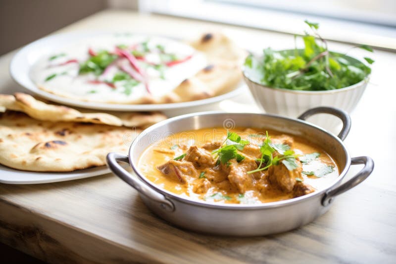 Lamb Korma in a Ceramic Dish, Yogurt Dollop, with Naan on the Side