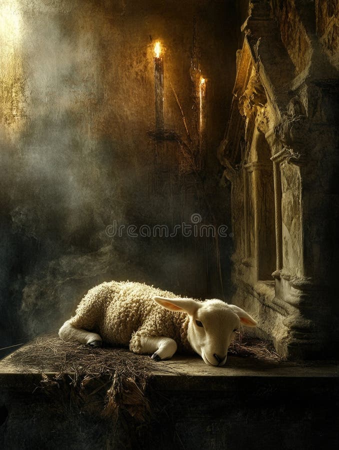 A lamb lying down on a table in a dimly lit room perfect for use in illustrations or photography concepts a lamb lying down on a immagine stock libera da diritti
