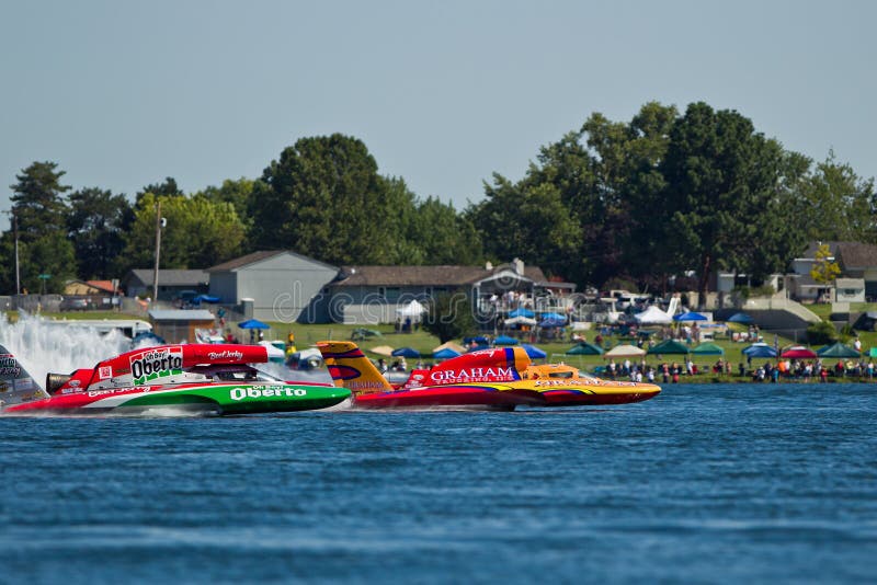 TRI-CITIES, WA - JULY 29: J. Shane on the U-5 Graham Trucking races along with S.David on U-6 Oh Boy! Oberto during the Lamb Weston Columbia Cup hydroplane final on July 29, 2012 on the Columbia River in Tri-Cities, WA. TRI-CITIES, WA - JULY 29: J. Shane on the U-5 Graham Trucking races along with S.David on U-6 Oh Boy! Oberto during the Lamb Weston Columbia Cup hydroplane final on July 29, 2012 on the Columbia River in Tri-Cities, WA.