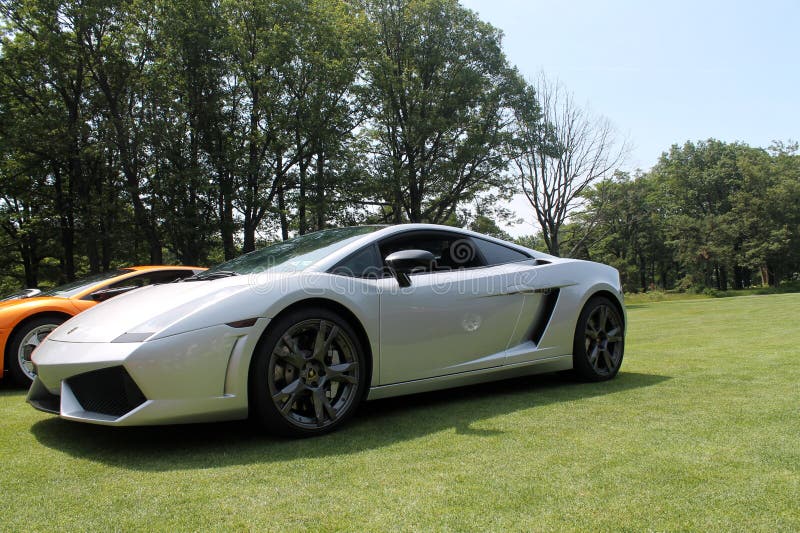 Silver Lamborghini Gallardo coupe sports car in pastoral surroundings. 2013 Belle Macchine d'Italia car event, Pennsylvania. Silver Lamborghini Gallardo coupe sports car in pastoral surroundings. 2013 Belle Macchine d'Italia car event, Pennsylvania.