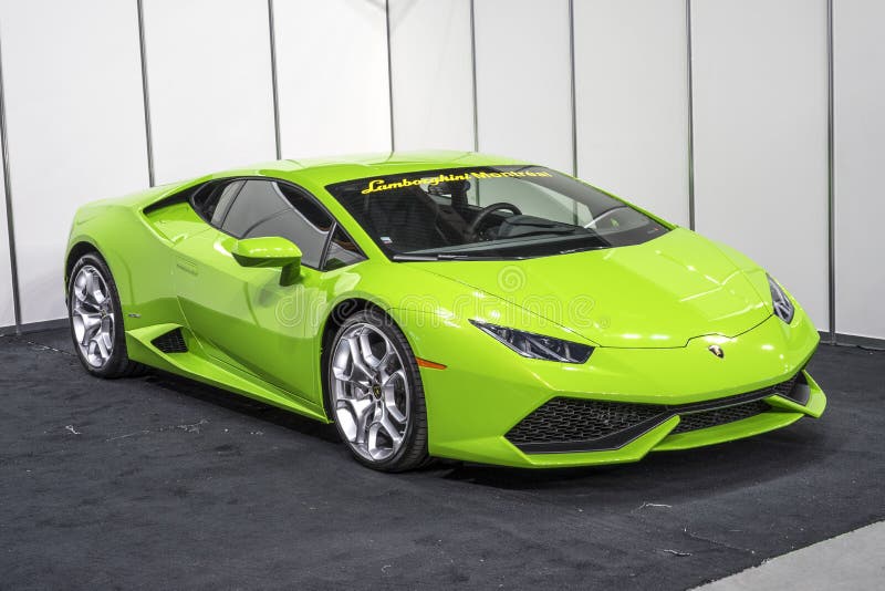 Montreal october 10-12, 2014 front side view of new green lamborghini in display during the autorama event.