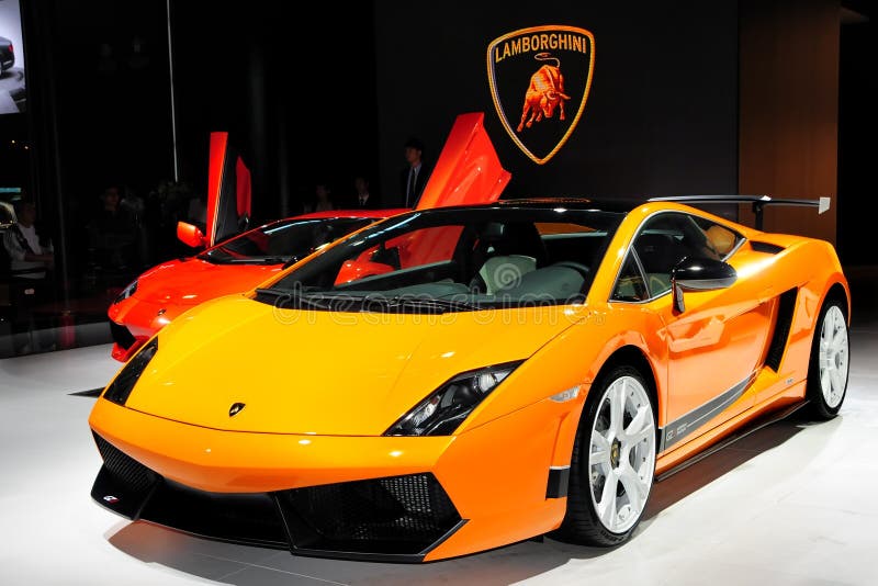 Guangzhou, China - November 23, 2012: LAMBORGHINI Aventador LP 550-2 supercar was exhibited in the 10th China (Guangzhou) International Automobile Exhibition in Guangzhou International Convention & Exhibition Center.