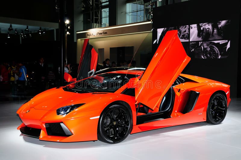 Guangzhou, China - November 26, 2011: LAMBORGHINI Aventador LP700-4 supercar was exhibited in the 9th China (Guangzhou) International Automobile Exhibition in in Guangzhou International Convention & Exhibition Center.