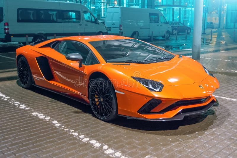 Lamborghini Aventador Orange Night on the Streets City Parking Place.  Russia, Saint-Petersburg. 13 March 2018. Editorial Stock Image - Image of  expensive, engine: 112101089