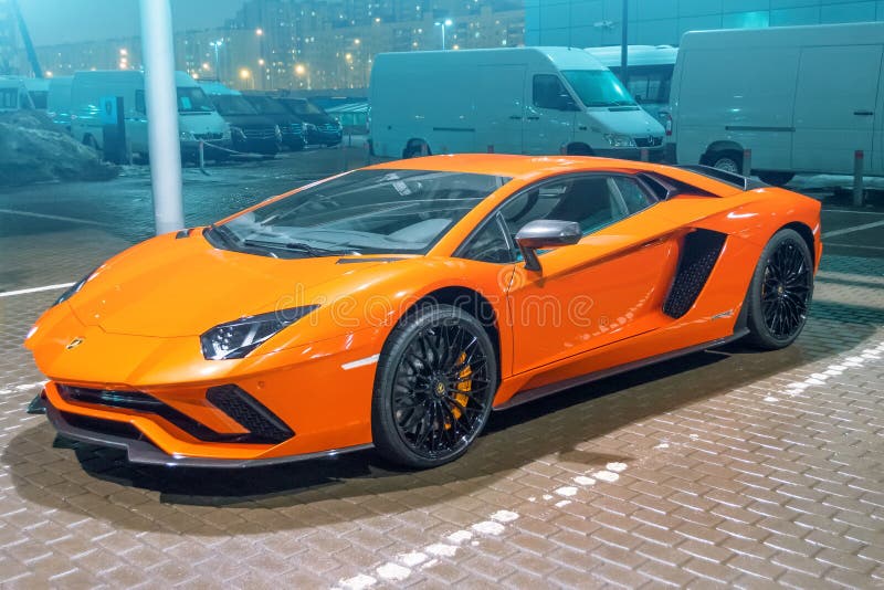 Lamborghini Aventador Orange Night on the Streets City Parking Place.  Russia, Saint-Petersburg. 13 March 2018. Editorial Stock Image - Image of  drive, chrome: 112148289