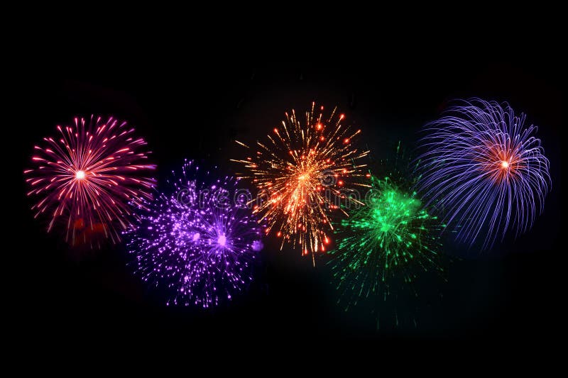 Lame multicolore : Cinq feux d'artifice la nuit. Un tableau vibrant de cinq feux d'artifice de couleurs variées éclate à travers le ciel nocturne sombre créant un spectacle magnifique et festif.