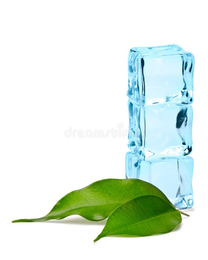 Three blue ice cubes and two green leaves isolated. Three blue ice cubes and two green leaves isolated