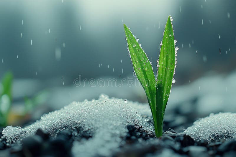 Lametta d'erba fresca emerge da gocce d'acqua di piccole dimensioni ricoperte di neve. foresta sfocata in background aggiunge fotografia stock libera da diritti