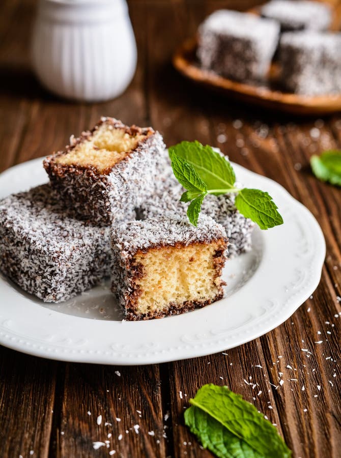 Lamington Cakes with Chocolate and Coconut Coating Stock Photo - Image ...