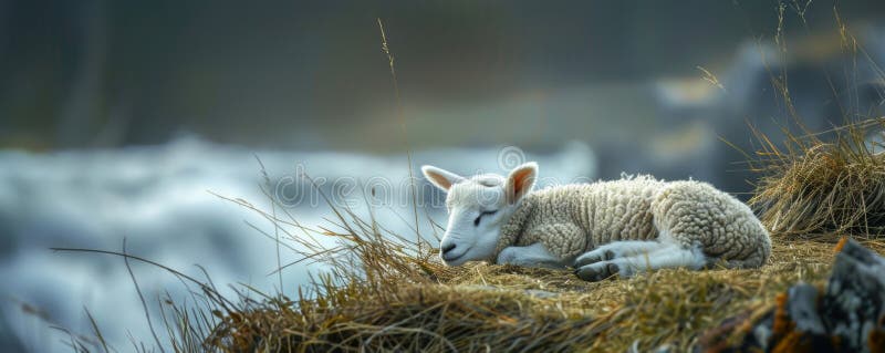 Lamm auf einem Grasfeld mit schneebedecktem Hintergrund lizenzfreie stockbilder