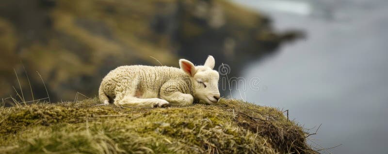 Lamm auf einer grasbewachsenen Klippe stockbild