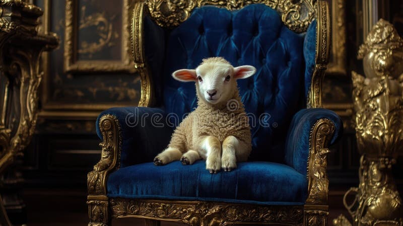 Lamm ruht sich auf einem zarten blauen Stuhl im luxuriösen Vintage Room aus lizenzfreie stockfotografie