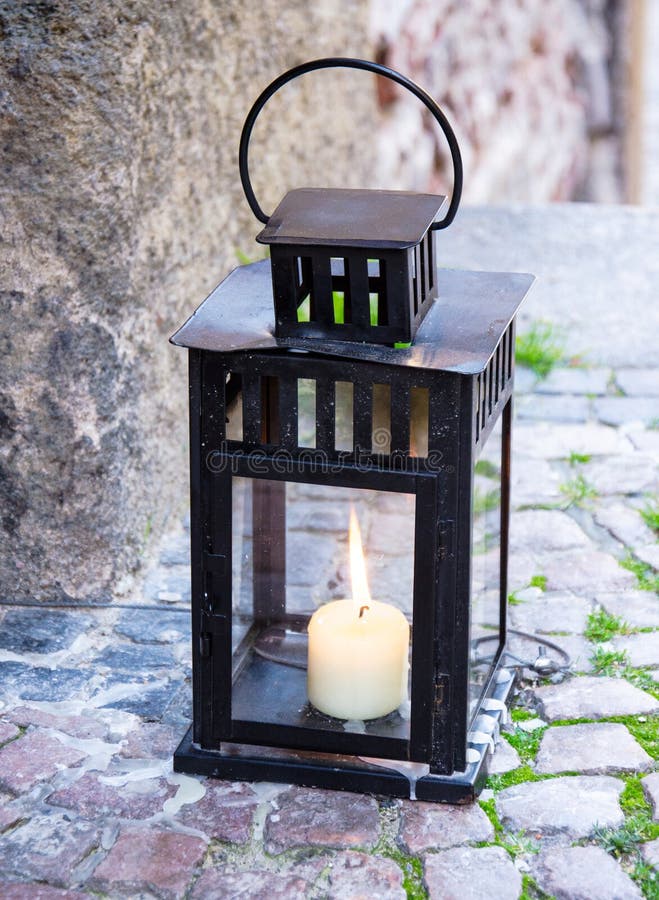Old Metal Outdoor Lamp with Burning Candle Stock Photo Image of burn