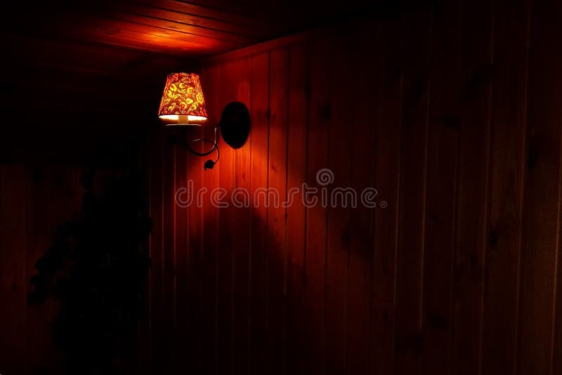 Lamp in a Dark Wooden Room with Yellow Light Stock Photo Image of