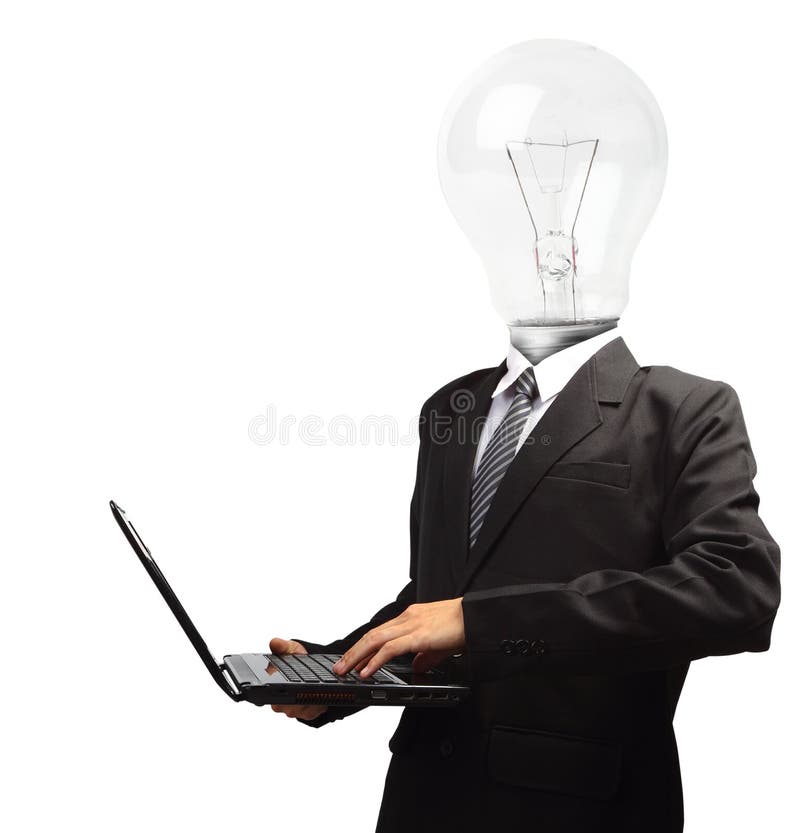 Lamp head businessman holding computer laptop PC