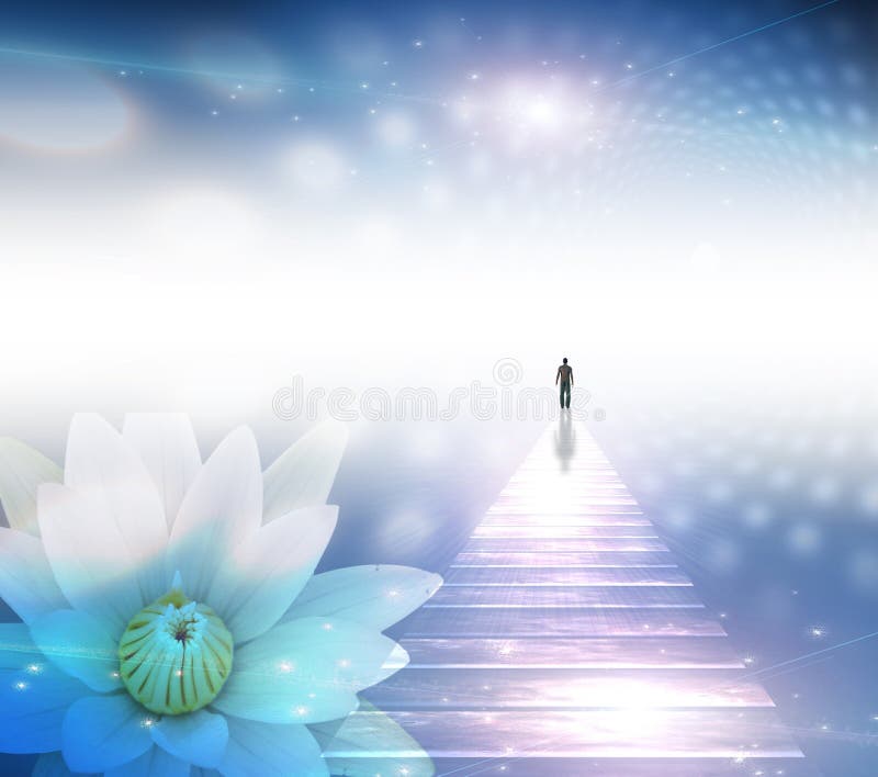 Figure of a man on shining road walks towards the light. White lotus. Human elements were created with 3D software and are not from any actual human likenesses. Figure of a man on shining road walks towards the light. White lotus. Human elements were created with 3D software and are not from any actual human likenesses.