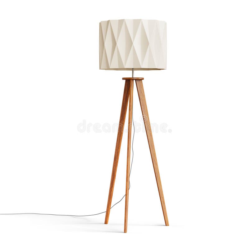 Lampada in legno per pavimenti in treppiede isolata su fondo bianco. Percorso di ritaglio incluso nel rendering 3D. illustrazione vettoriale