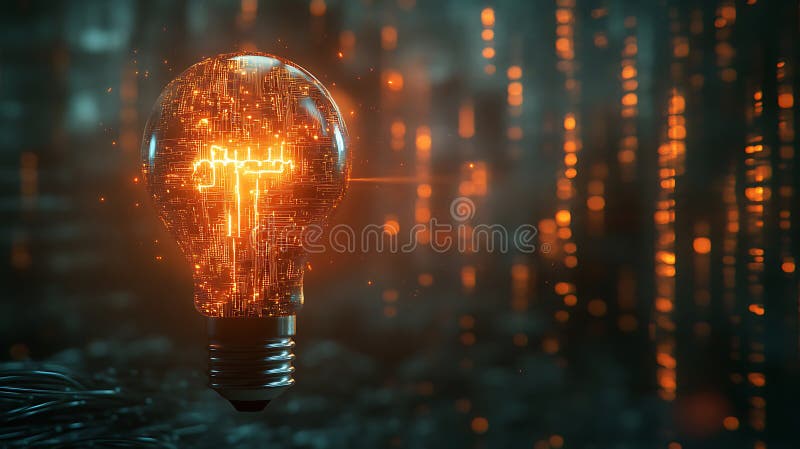 Lampade concettuali futuristiche illuminate da circuiti e illuminazione arancione che illustrano idee tecnologiche innovative e po royalty illustrazione gratis