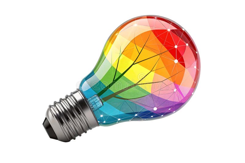 Lampadina a colori vibrante Segno luminoso isolato sullo sfondo bianco Simbolo ideologico e creatività rendering 3d illustrazione di stock