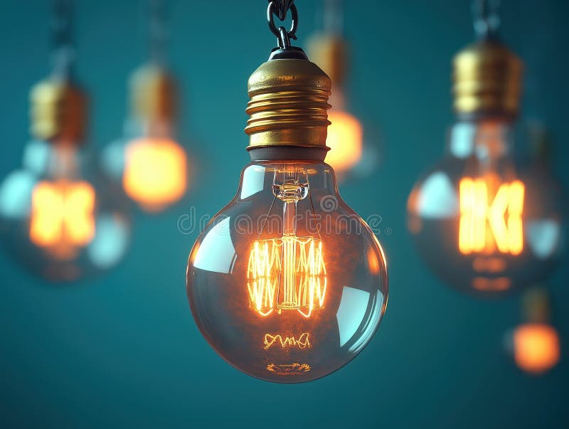 Lampadina di chiusura luminosa con riflesso luminoso sullo sfondo del teal. appese molte lampadine di vintage. il bagliore si illu royalty illustrazione gratis