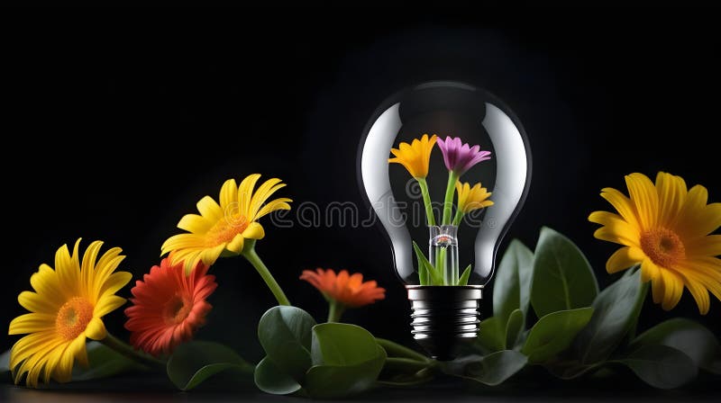 Lampadina. fiori all'interno di una lampadina di fondo nero royalty illustrazione gratis