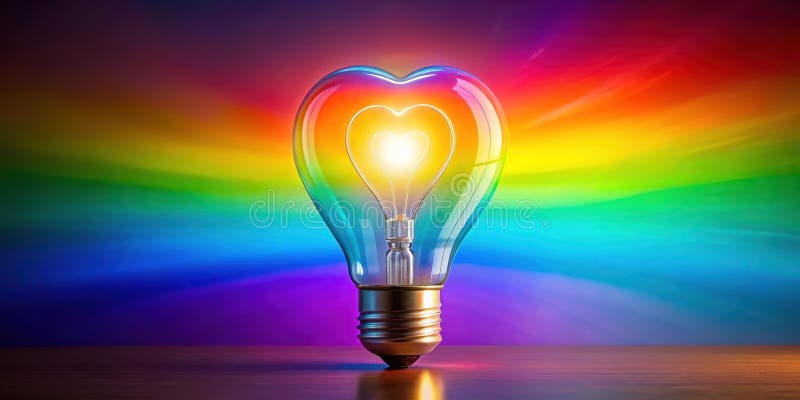 Lampadina a forma di cuore che brilla in modo luminoso contro uno sfondo arcobaleno vibrante che simboleggia l'accettazione dell'a illustrazione vettoriale