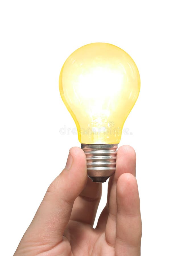 Yellow light bulb in hand, isolated on white. Yellow light bulb in hand, isolated on white