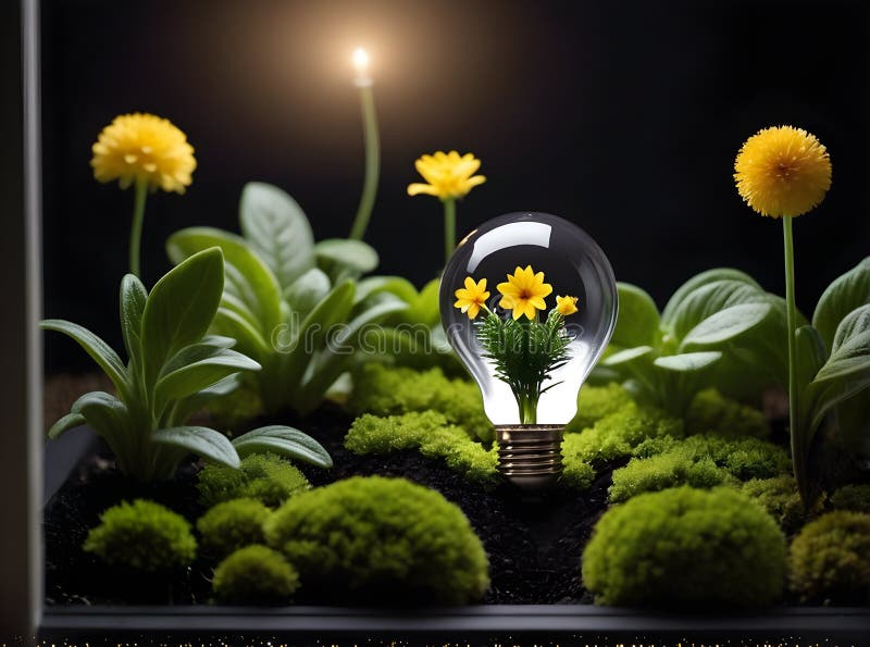 Lampadina. muschio verde e fiori gialli intorno royalty illustrazione gratis