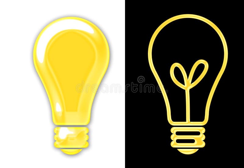 A pair of bright yellow light bulbs one one white and the other on black. A pair of bright yellow light bulbs one one white and the other on black