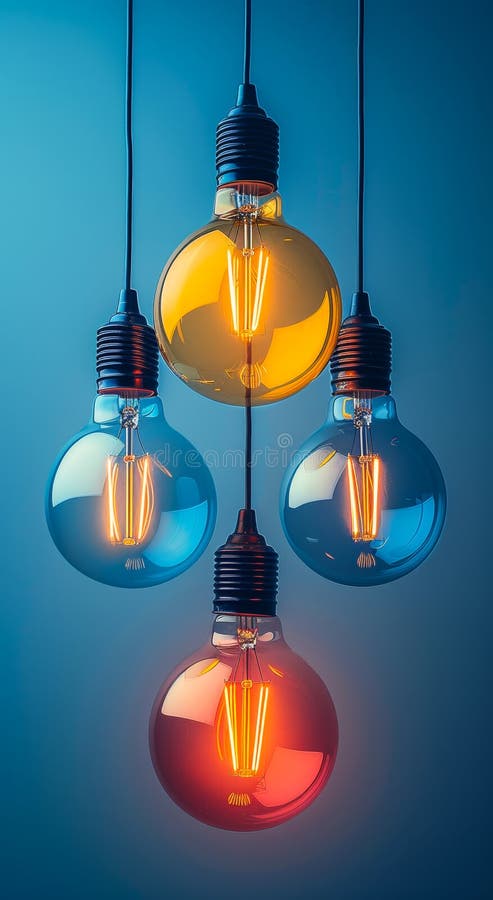 Lampadine colorate appese a fondo blu. Quattro lampadine ciascuna con un colore diverso rispetto ai cavi rispetto a uno sfondo blu. le lampadine sono tutte accese e emettono un getto caldo. prodotto a base di