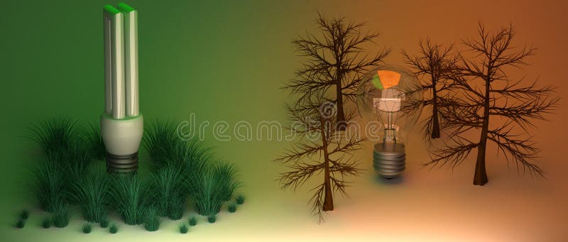 Concept for energy and the impact on environment, contrast between low energy light bulbs and incandescent light bulbs. Around the economic bulb grows grass and around the incandescent bulb is dry land and dead trees. Concept for energy and the impact on environment, contrast between low energy light bulbs and incandescent light bulbs. Around the economic bulb grows grass and around the incandescent bulb is dry land and dead trees.