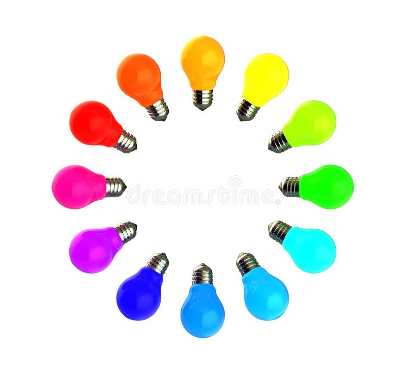 Abstract 3d illustration of colorful light bulbs circle isolated over white background. Abstract 3d illustration of colorful light bulbs circle isolated over white background