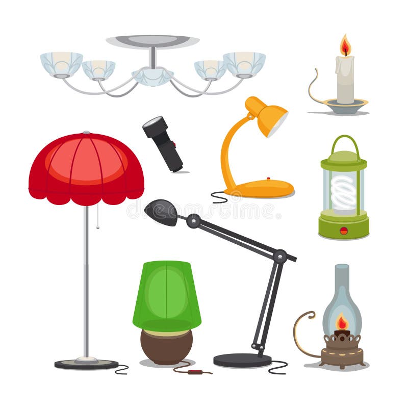 Lamps and lights. Vector chandelier, flashlight, candle and oil lamp, rechargeable lamp, night light. Lamps and lights. Vector chandelier, flashlight, candle and oil lamp, rechargeable lamp, night light