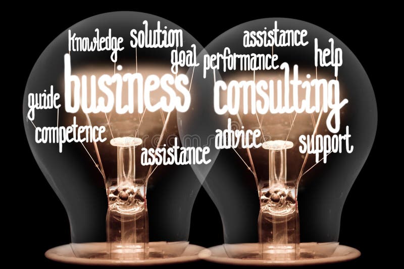 Large horizontal group of light bulbs with shining fibers in a shape of Business Consulting, Help, Support and Experience concept words on isolated on black background. Large horizontal group of light bulbs with shining fibers in a shape of Business Consulting, Help, Support and Experience concept words on isolated on black background