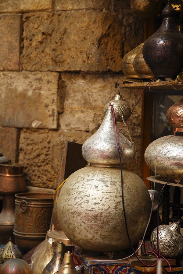 Lamps, crafts, souvenirs in street shop in cairo, egypt