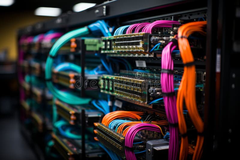 Network cables connected to server rack for efficient connectivity and data transfer stock photos